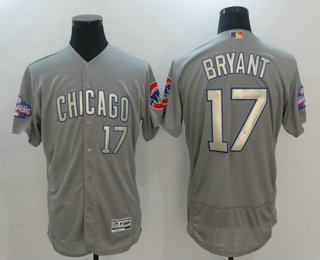 Men's Chicago Cubs #17 Kris Bryant Gray World Series Champions Gold Stitched MLB Majestic 2017 Flex Base Jersey