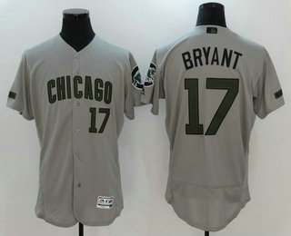 Men's Chicago Cubs #17 Kris Bryant Gray with Green Memorial Day Stitched MLB Majestic Flex Base Jersey