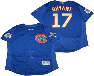 Men's Chicago Cubs #17 Kris Bryant Royal Blue World Series Champions Gold Stitched MLB 2017 Flex Base Jersey