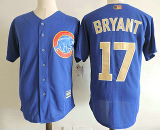 Men's Chicago Cubs #17 Kris Bryant Royal Blue World Series Champions Gold Stitched MLB Majestic 2017 Flex Base Jersey