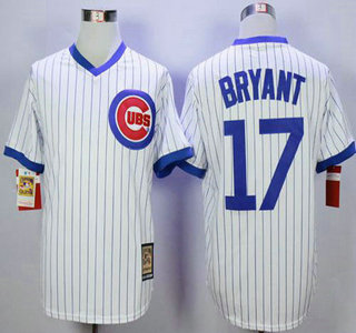 Men's Chicago Cubs #17 Kris Bryant White Strip Home Cooperstown Jersey