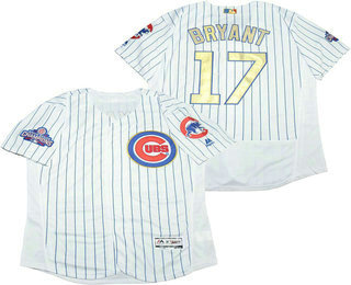 Men's Chicago Cubs #17 Kris Bryant White World Series Champions Gold Stitched MLB 2017 Flex Base Jersey