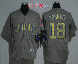 Men's Chicago Cubs #18 Ben Zobrist Gray World Series Champions Gold Stitched MLB Majestic 2017 Flex Base Jersey