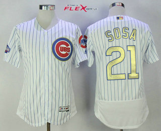 Men's Chicago Cubs #21 Sammy Sosa Retired White World Series Champions Gold Stitched MLB Majestic 2017 Flex Base Jersey