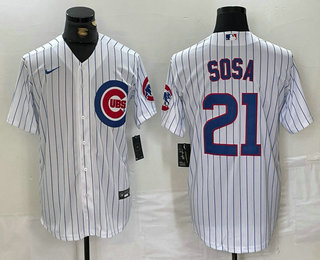 Men's Chicago Cubs #21 Sammy Sosa White With Patch Cool Base Stitched Baseball Jersey