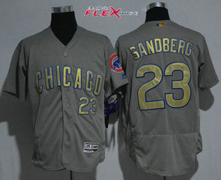 Men's Chicago Cubs #23 Ryne Sandberg Gray World Series Champions Gold Stitched MLB Majestic 2017 Flex Base Jersey