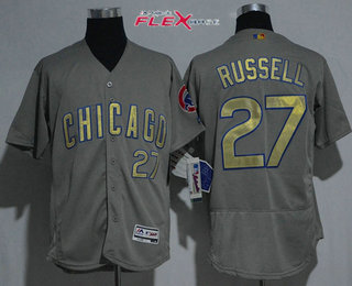 Men's Chicago Cubs #27 Addison Russell Gray World Series Champions Gold Stitched MLB Majestic 2017 Flex Base Jersey