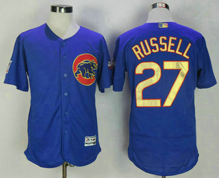 Men's Chicago Cubs #27 Addison Russell Royal Blue World Series Champions Gold Stitched MLB Majestic 2017 Flex Base Jersey