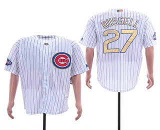 Men's Chicago Cubs #27 Addison Russell White World Series Champions Gold Stitched MLB 2017 Flex Base Jersey