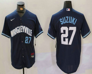 Men's Chicago Cubs #27 Seiya Suzuki Number Navy City Connect Cool Base Stitched Jersey