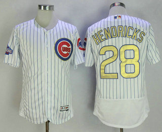 Men's Chicago Cubs #28 Kyle Hendricks White World Series Champions Gold Stitched MLB Majestic 2017 Flex Base Jersey