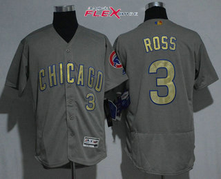 Men's Chicago Cubs #3 David Ross Gray World Series Champions Gold Stitched MLB Majestic 2017 Flex Base Jersey