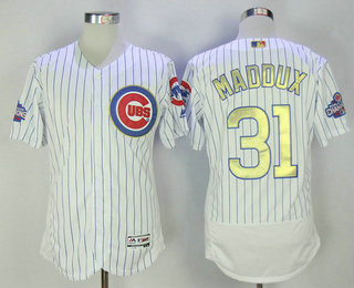 Men's Chicago Cubs #31 Greg Maddux White World Series Champions Gold Stitched MLB Majestic 2017 Flex Base Jersey