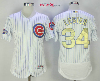 Men's Chicago Cubs #34 Jon Lester White World Series Champions Gold Stitched MLB Majestic 2017 Flex Base Jersey