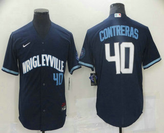 Men's Chicago Cubs #40 Willson Contreras Navy Blue With Small Number 2021 City Connect Stitched MLB Cool Base Nike Jersey