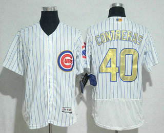 Men's Chicago Cubs #40 Willson Contreras White World Series Champions Gold Stitched MLB Majestic 2017 Flex Base Jersey