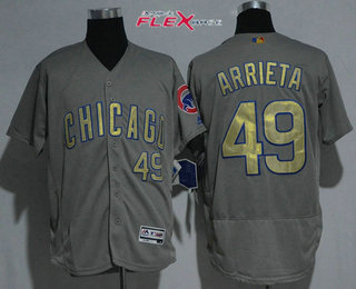 Men's Chicago Cubs #49 Jake Arrieta Gray World Series Champions Gold Stitched MLB Majestic 2017 Flex Base Jersey