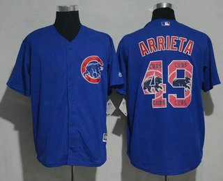 Men's Chicago Cubs #49 Jake Arrieta Royal Blue Team Logo Ornamented Stitched MLB Majestic Cool Base Jersey