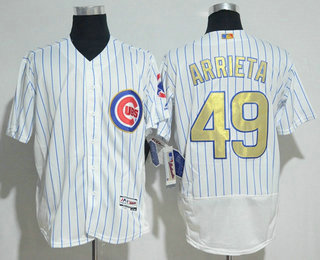 Men's Chicago Cubs #49 Jake Arrieta White World Series Champions Gold Stitched MLB Majestic 2017 Flex Base Jersey