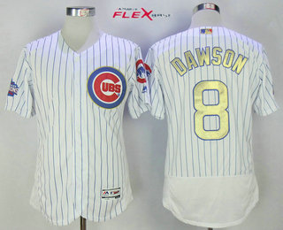 Men's Chicago Cubs #8 Andre Dawson Retired White World Series Champions Gold Stitched MLB Majestic 2017 Flex Base Jersey