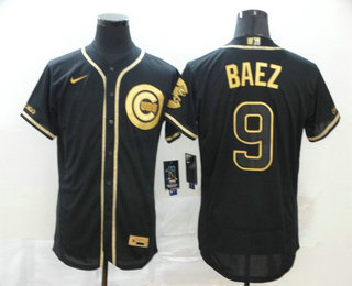 Men's Chicago Cubs #9 Javier Baez Black Golden Stitched MLB Flex Base Nike Jersey