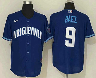 Men's Chicago Cubs #9 Javier Baez Blue 2021 City Connect Stitched MLB Cool Base Nike Jersey