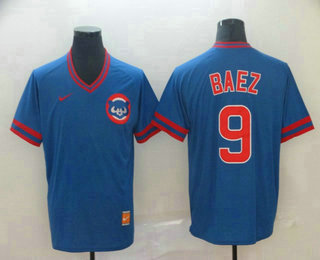 Men's Chicago Cubs #9 Javier Baez Blue Nike Cooperstown Collection Legend V Neck Jersey