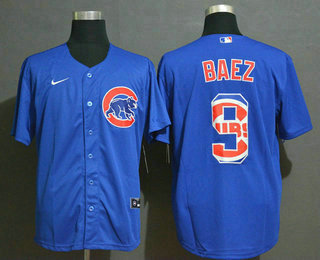 Men's Chicago Cubs #9 Javier Baez Blue Team Logo Stitched MLB Cool Base Nike Jersey