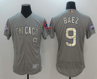 Men's Chicago Cubs #9 Javier Baez Gray World Series Champions Gold Stitched MLB Majestic 2017 Flex Base Jersey