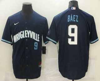 Men's Chicago Cubs #9 Javier Baez Navy Blue With Small Number 2021 City Connect Stitched MLB Cool Base Nike Jersey