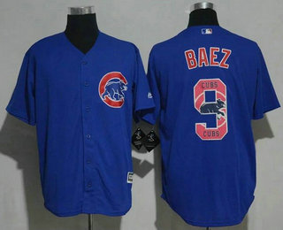 Men's Chicago Cubs #9 Javier Baez Royal Blue Team Logo Ornamented Stitched MLB Majestic Cool Base Jersey