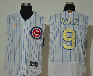 Men's Chicago Cubs #9 Javier Baez White Gold 2020 Cool and Refreshing Sleeveless Fan Stitched Flex Nike Jersey