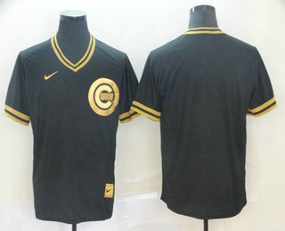 Men's Chicago Cubs Blank Black Gold Nike Cooperstown Legend V Neck Jersey