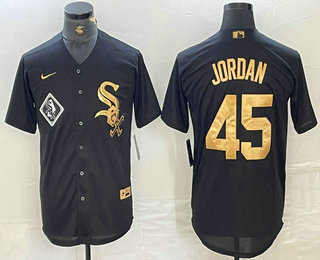 Men's Chicago White Sox #45 Michael Jordan Black Gold Cool Base Stitched Baseball Jersey 01