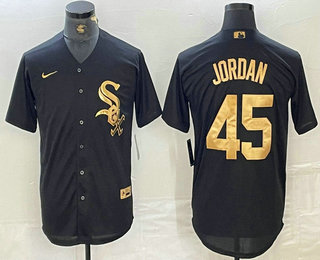 Men's Chicago White Sox #45 Michael Jordan Black Gold Cool Base Stitched Baseball Jersey 02