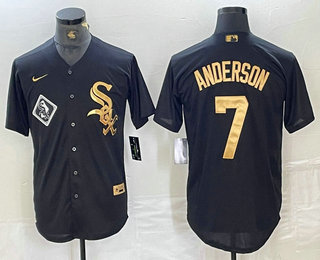 Men's Chicago White Sox #7 Tim Anderson Black Gold Cool Base Stitched Baseball Jersey 02