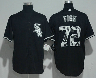 Men's Chicago White Sox #72 Carlton Fisk Retired Black Team Logo Ornamented Stitched MLB Majestic Cool Base Jersey