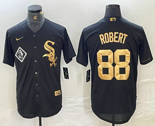 Men's Chicago White Sox #88 Luis Robert Black Gold Cool Base Stitched Baseball Jersey 01