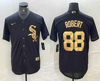 Men's Chicago White Sox #88 Luis Robert Black Gold Cool Base Stitched Baseball Jersey 02