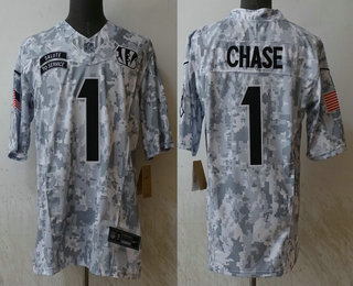 Men's Cincinnati Bengals #1 JaMarr Chase Arctic Camo 2024 FUSE Salute to Service Limited Stitched Jersey