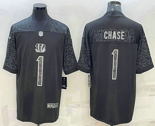 Men's Cincinnati Bengals #1 JaMarr Chase Black Reflective Limited Stitched Football Jersey