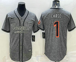 Men's Cincinnati Bengals #1 JaMarr Chase Grey Gridiron Team Big Logo Cool Base Stitched Baseball Jersey