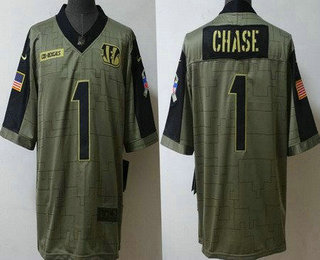 Men's Cincinnati Bengals #1 JaMarr Chase Limited Olive 2021 Salute To Service Jersey