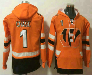 Men's Cincinnati Bengals #1 JaMarr Chase NEW Orange Pocket Stitched NFL Pullover Hoodie