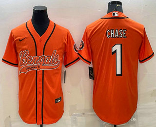 Men's Cincinnati Bengals #1 JaMarr Chase Orange With Patch Cool Base Stitched Baseball Jersey