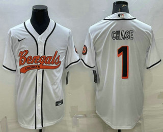 Men's Cincinnati Bengals #1 JaMarr Chase White With Patch Cool Base Stitched Baseball Jersey