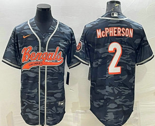 Men's Cincinnati Bengals #2 Evan McPherson Grey Camo With Patch Cool Base Stitched Baseball Jersey