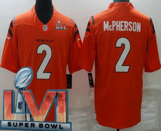 Men's Cincinnati Bengals #2 Evan McPherson Orange 2022 Super Bowl LVI Vapor Untouchable Stitched Nike Limited Jersey