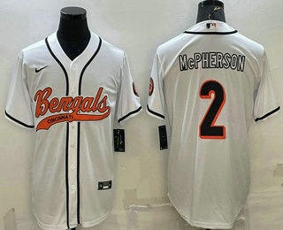 Men's Cincinnati Bengals #2 Evan McPherson White With Patch Cool Base Stitched Baseball Jersey