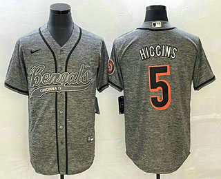 Men's Cincinnati Bengals #5 Tee Higgins Grey Gridiron With Patch Cool Base Stitched Baseball Jersey